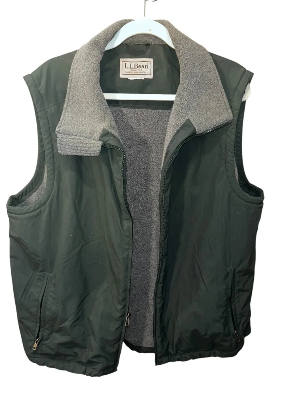 L.L. Bean forest green gray fleece lined zip up vest jacket XL
